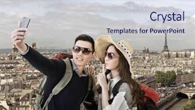  Presentation with paris france - Slide set with asian couple travel and selfie background and a sky blue colored foreground