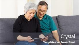  Presentation with asian - Slide set enhanced with asian couple using tablet together background and a dark gray colored foreground