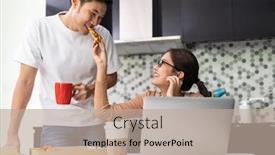  Presentation with food city - Presentation design with asian-couple-work-from-home background and a mint green colored foreground