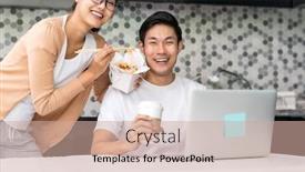  Presentation with food city - Presentation theme with asian-couple-work-from-home background and a coral colored foreground