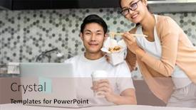  Presentation with food city - Cool new slide deck with asian-couple-work-from-home backdrop and a coral colored foreground