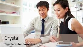  Presentation with home - Slide deck enhanced with asian couple working from home background and a soft green colored foreground
