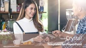  Presentation with web technology - Theme enhanced with asian-customer-using-contactless-credit background and a coral colored foreground