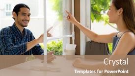  Presentation with touch screen technology - Amazing PPT theme having asian-customers-touch-on-virtual backdrop and a coral colored foreground