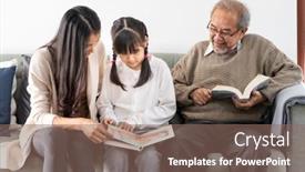  Presentation with living room family - PPT theme having asian-cute-girl-reading-story background and a violet colored foreground