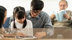  Presentation with living room family - PPT theme having asian-cute-girl-reading-story background and a coral colored foreground