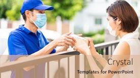  Presentation with deliver - Audience pleasing presentation theme consisting of asian-deliver-man-in-blue backdrop and a coral colored foreground