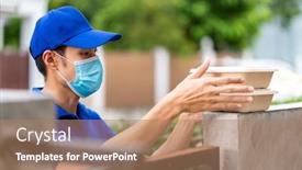  Presentation with deliver - Beautiful PPT layouts featuring asian-deliver-man-with-face backdrop and a coral colored foreground