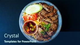  Presentation with complete - Audience pleasing theme consisting of asian-dish-prepared-with-beef backdrop and a navy blue colored foreground