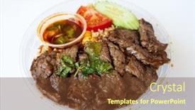  Presentation with complete - Cool new slides with asian-dish-prepared-with-beef backdrop and a tawny brown colored foreground