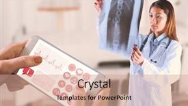  Presentation with mri - Presentation theme having asian doctor checking mri scan against bright white room with windows background and a coral colored foreground