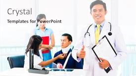  Presentation with asian doctor - Colorful presentation theme enhanced with asian doctor examining patient with toby collar and fracture in his office or clinic backdrop and a white colored foreground