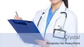  Presentation with doctor asian - Slide set consisting of asian doctor write on clipboard background and a light blue colored foreground