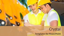  Presentation with construction company - Beautiful slide deck featuring asian engineer controlling construction machinery backdrop and a coral colored foreground