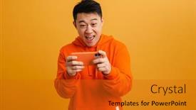  Presentation with asian - Presentation theme with asian-excited-man-playing-online background and a gold colored foreground