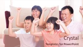  Presentation with children parents - Cool new PPT layouts with asian family at home portrait of happy parents and children playing game arms raised together at home backdrop and a coral colored foreground