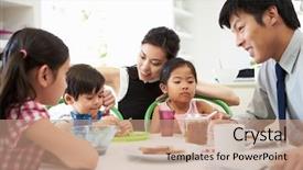  Presentation with work family - PPT theme enhanced with asian family having breakfast background and a coral colored foreground