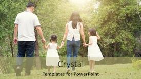  Presentation with holding hands family walking - Slide set with asian family outdoors parents and children holding hands and walking at garden park rear view background and a yellow colored foreground