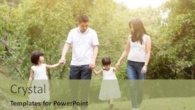 Presentation with holding hands family walking - Colorful presentation design enhanced with asian family outdoors parents and children holding hands and walking at garden park backdrop and a mint green colored foreground