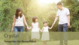  Presentation with holding hands family walking - Slide set enhanced with asian family outdoors parents and children holding hands and walking at green park background and a mint green colored foreground