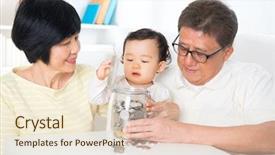  Presentation with grandparents - Beautiful presentation theme featuring asian family saving money indoor grandparents and grandchild living lifestyle at home financial concept backdrop and a lemonade colored foreground