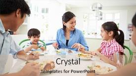  Presentation with family healthy eating - Colorful slide deck enhanced with asian family sitting at table backdrop and a coral colored foreground