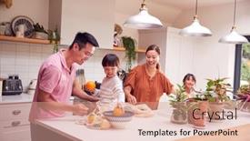  Presentation with food waste - Slide deck featuring asian-family-unpacking-local-food background and a coral colored foreground