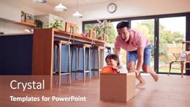  Presentation with father - Colorful slide set enhanced with asian-father-and-son-pushing backdrop and a coral colored foreground