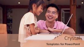  Presentation with home schooling - PPT theme with asian-father-helping-home-schooling background and a coral colored foreground