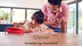  Presentation with home schooling - Slide set featuring asian-father-helping-home-schooling background and a coral colored foreground