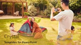  Presentation with family photo - Beautiful PPT layouts featuring asian-father-taking-photo backdrop and a yellow colored foreground