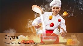  Presentation with magic - Colorful slide deck enhanced with asian female cooking with magic against color background backdrop and a coral colored foreground