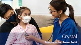  Presentation with child health care - Presentation design enhanced with asian-female-doctor-use-stethoscope background and a navy blue colored foreground