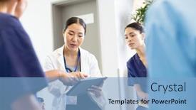  Presentation with diverse medical - Slide set enhanced with asian-female-doctor-with-tablet background and a light blue colored foreground