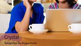  Presentation with cappuccino - Presentation theme enhanced with asian female friends enjoying her leisure time in a cafe drinking coffee or cappuccino and working on a laptop computer background and a gold colored foreground