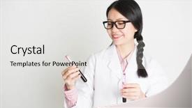  Presentation with lab test - Beautiful slide deck featuring asian female lab worker doing blood sample test analysis on plain background backdrop and a white colored foreground