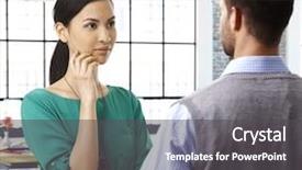  Presentation with people talking - Theme enhanced with asian female officeworker paying attention background and a dark gray colored foreground