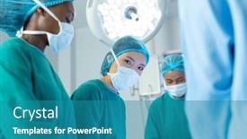  Presentation with operation theatre healthcare medical - Presentation design featuring asian-female-surgeon-in-theatre background and a teal colored foreground