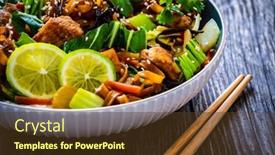  Presentation with nuggets food - PPT theme featuring asian-food-chicken-nuggets-noodles background and a tawny brown colored foreground