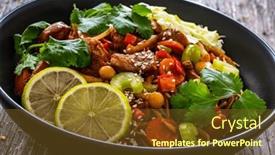  Presentation with nuggets food - PPT theme with asian-food-chicken-nuggets-noodles background and a tawny brown colored foreground