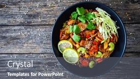  Presentation with nuggets food - PPT theme consisting of asian-food-chicken-nuggets-noodles background and a gray colored foreground