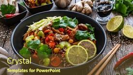  Presentation with nuggets food - PPT layouts enhanced with asian-food-chicken-nuggets-noodles background and a tawny brown colored foreground