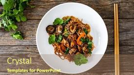  Presentation with nuggets food - PPT theme having asian-food-chicken-nuggets-noodles background and a coral colored foreground