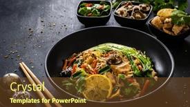  Presentation with nuggets food - Slides featuring asian-food-chicken-nuggets-noodles background and a tawny brown colored foreground