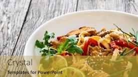  Presentation with nuggets food - PPT theme with asian-food-chicken-nuggets-noodles background and a gold colored foreground