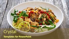  Presentation with nuggets food - Slide set having asian-food-chicken-nuggets-noodles background and a tawny brown colored foreground