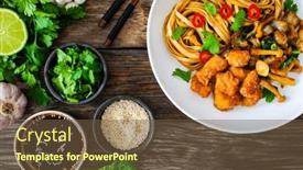  Presentation with nuggets food - Slide deck having asian-food-chicken-nuggets-noodles background and a tawny brown colored foreground