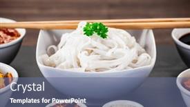  Presentation with nuggets food - Presentation with asian-food-chicken-nuggets-rice background and a ocean colored foreground