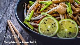  Presentation with soy sauce - Slide deck enhanced with asian-food-chow-mein-noodles background and a wine colored foreground