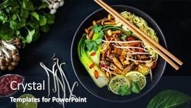  Presentation with soy sauce - Presentation design consisting of asian-food-chow-mein-noodles background and a wine colored foreground